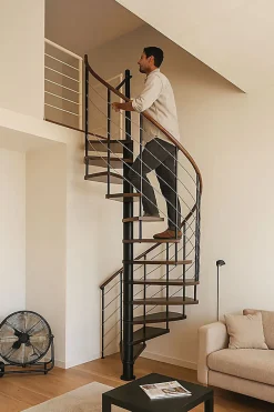 Escalier colimaçon 10 marches - Diamètre 140cm - Hauteur à franchir 1.95 à 2.35m - Noir et Noyer - VENE140-SNMNOY-10-Matisere Best