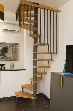 Escalier colimaçon 11 marches - Haut. à franchir 2.26m à 2.64m - Diam. 120cm - Trémie carrée - Struct. grise / marches naturel --Matisere Clearance