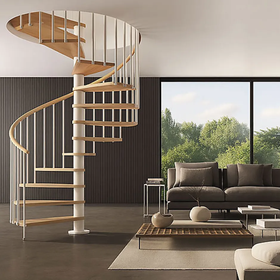 Matisere Escalier colimaçon 16 marches - Haut. à franchir 3.28m à 3.84m - Diam. 120cm - Trémie ronde - Struct. blanche / marches naturel -