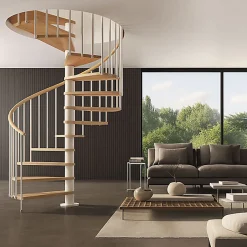 Matisere Escalier colimaçon 15 marches - Haut. à franchir 3.08m à 3.60m - Diam. 120cm - Trémie ronde - Struct. blanche / marches naturel -