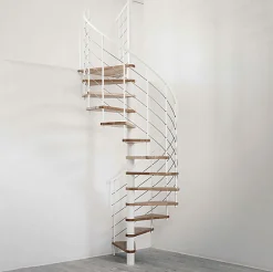 Escalier colimaçon 13 marches - Hauteur à franchir 2.54 à 3.05m - Structure blanche et marche hêtre - Diamètre 100cm --Matisere