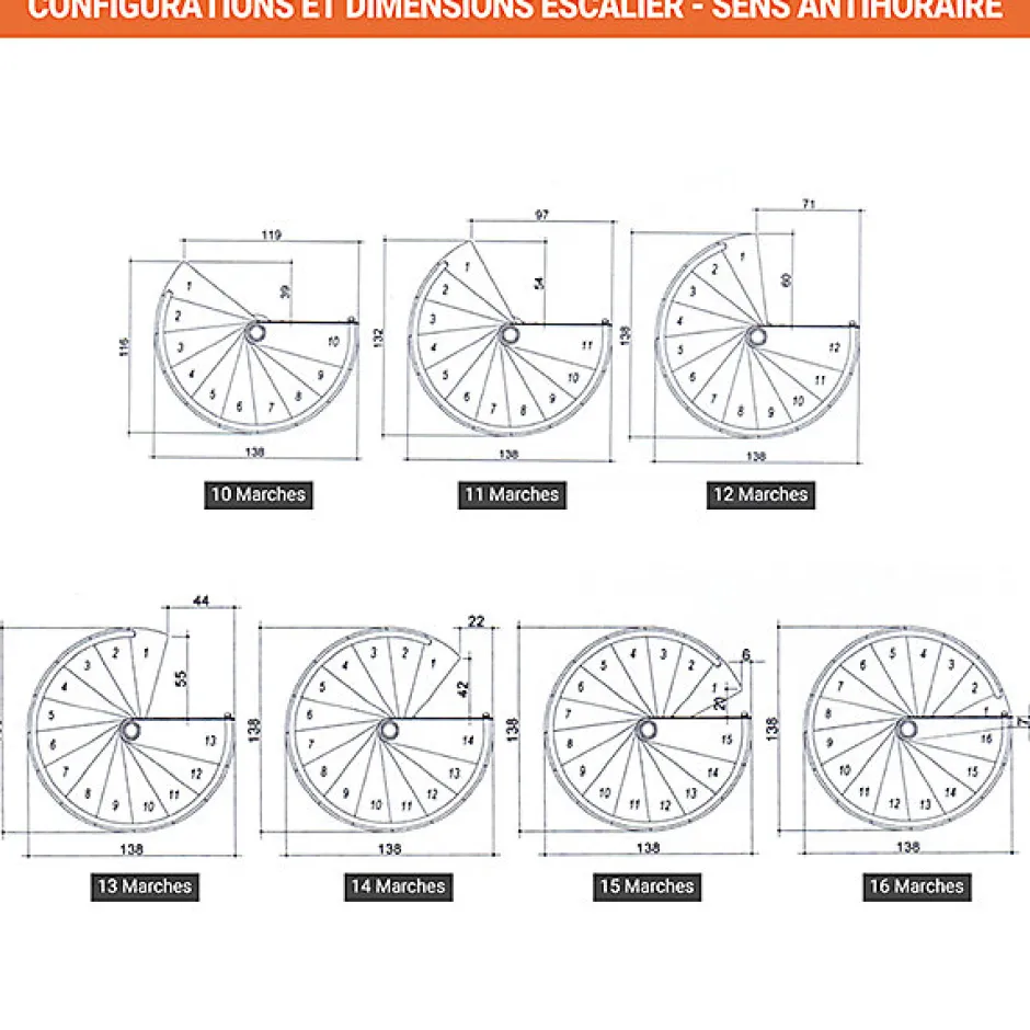Escalier colimaçon 14 marches - Hauteur à franchir 2.87 à 3.36m - Diamètre 138cm - Bois et blanc - Sens anti-horaire --Matisere Discount