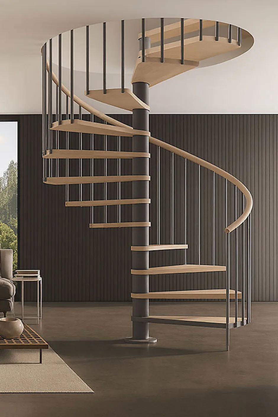 Escalier colimaçon 11 marches - Haut. à franchir 2.26 à 2.64m - Diam. 180cm - Trémie ronde - Struct. anthracite / marches Naturel-Matisere Sale