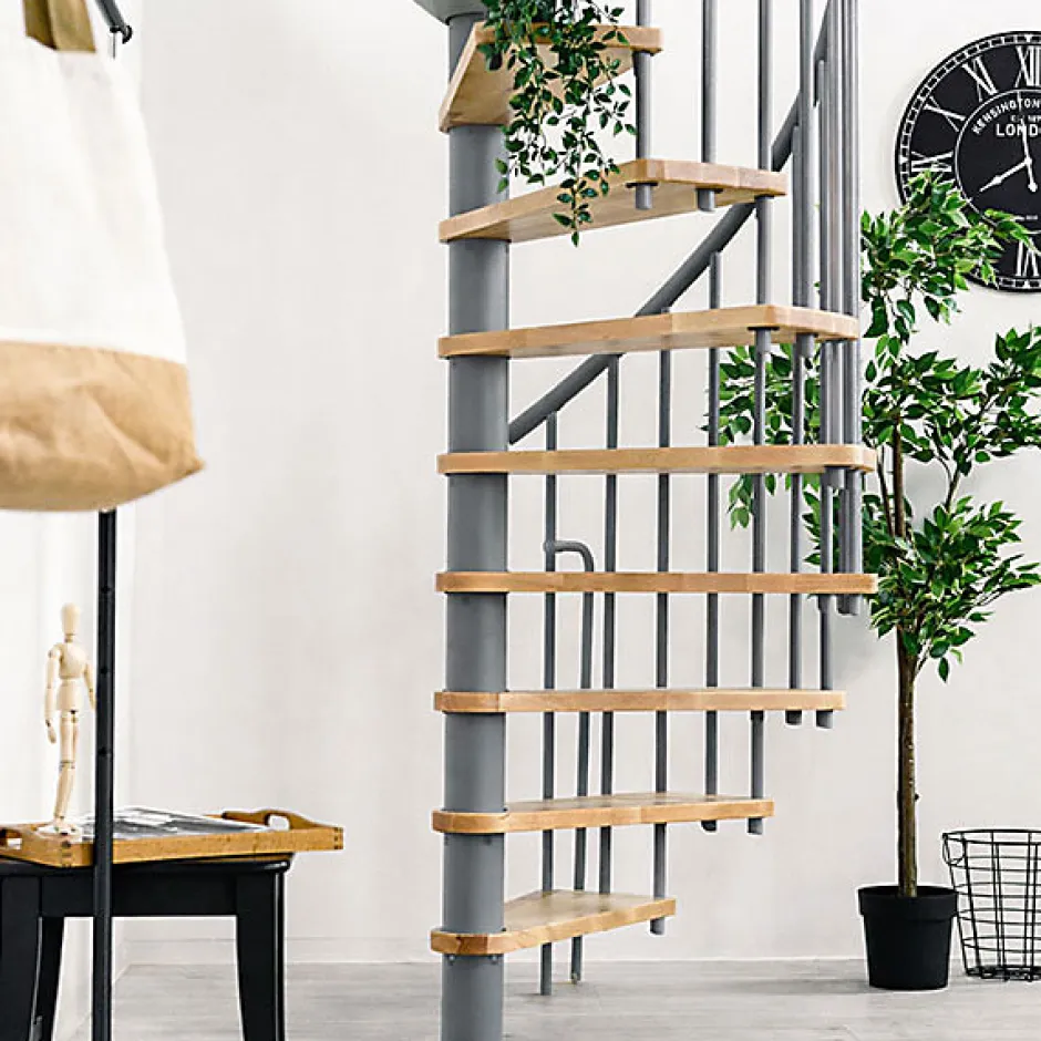 Matisere Escalier colimaçon 13 marches - Hauteur à franchir 2.52 à 3.05m - Diamètre 140cm - Structure grise et marche hêtre - BERL140-GH-13