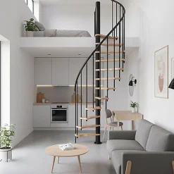 Escalier colimaçon 9 marches - Hauteur à franchir 1.90 à 2.35m - Structure noire et marche hêtre - Diamètre 120cm - SUON120/NH-9-Matisere Discount