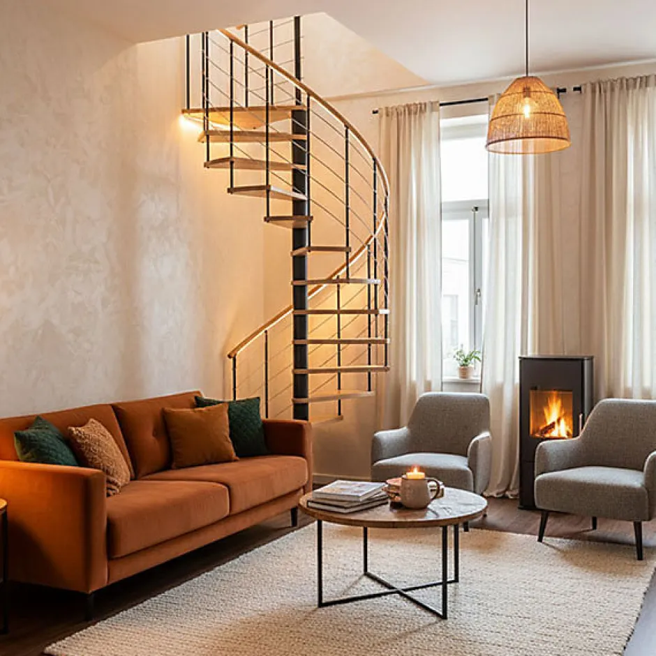 Escalier colimaçon 12 marches - Diamètre 160cm - Hauteur à franchir 2.34 à 2.82m - Structure noire et marche hêtre - VENE160/NH-12-Matisere Best