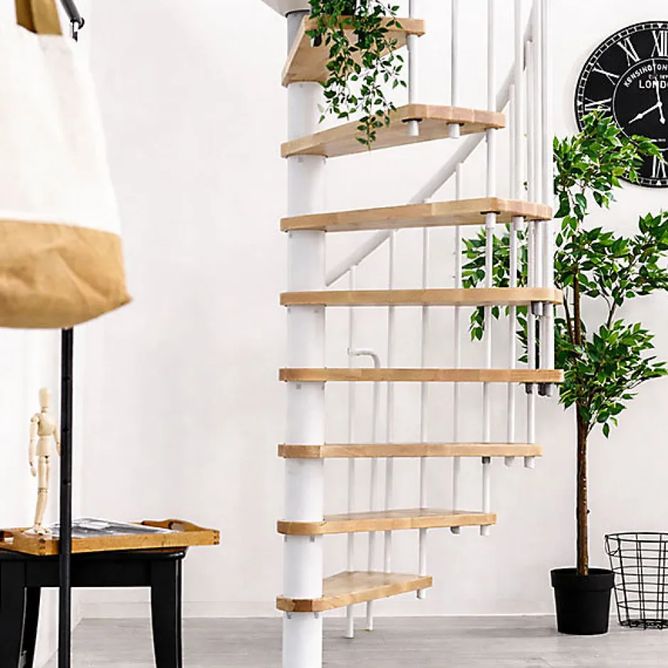 Matisere Escalier colimaçon 10 marches - Hauteur à franchir 1.90 à 2.35m - Diamètre 140cm - Structure blanche et marche hêtre -