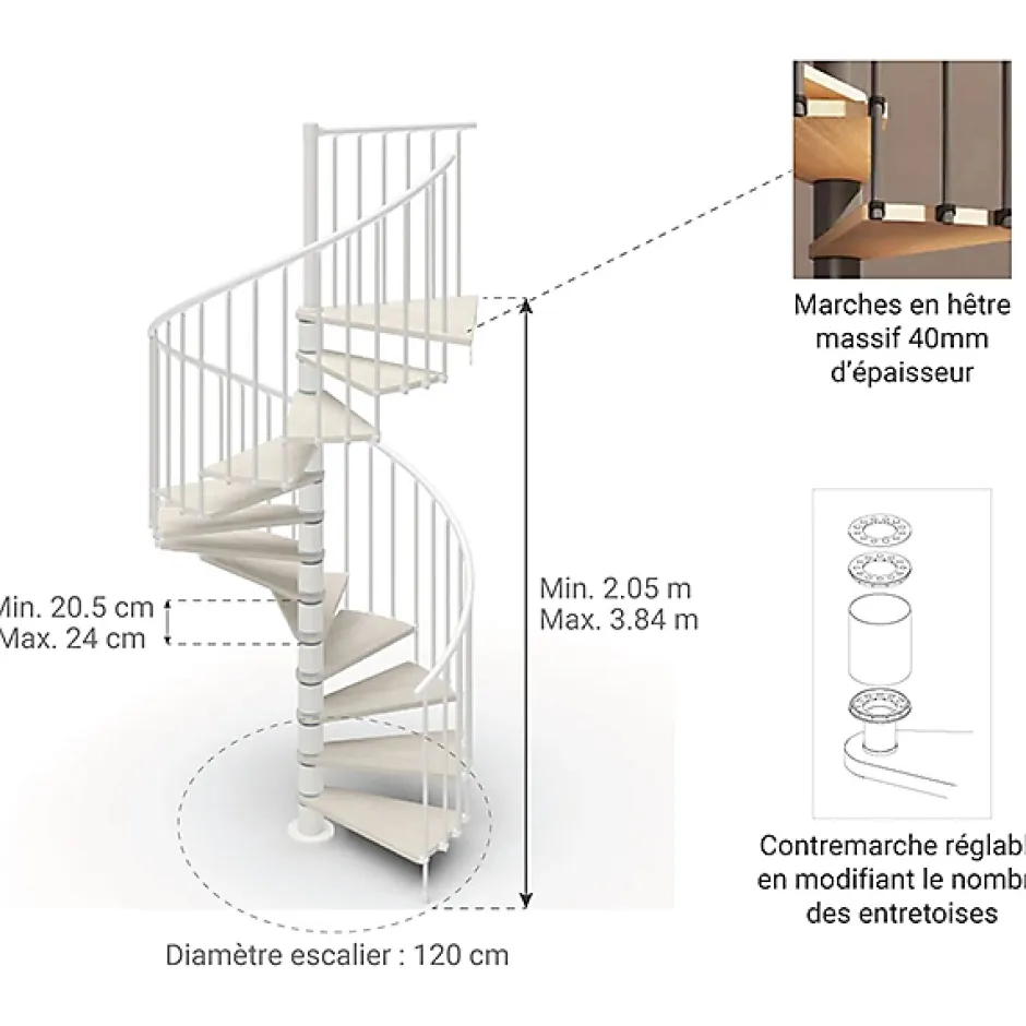 Matisere Escalier colimaçon 10 marches - Haut. à franchir 2.05 à 2.40m - Diam. 120cm - Trémie ronde - Struct. blanche / marches blanchi -