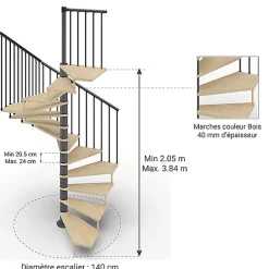 Escalier colimaçon 14 marches - Haut. à franchir 2.84 à 3.36m - Diam. 140cm - Trémie carrée - structure grise / marches naturel --Matisere Best