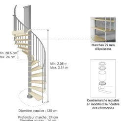 Escalier colimaçon 10 marches - Hauteur à franchir 2.05 à 2.40m - Diamètre 138cm - Bois et blanc - Sens anti-horaire --Matisere New