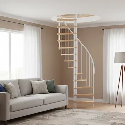 Escalier colimaçon 8 marches - Hauteur à franchir 1.71 à 2.12m - Structure blanche et marche hêtre - Diamètre 120cm - SUON120/BH-8-Matisere