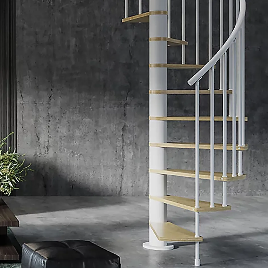 Escalier colimaçon 13 marches - Hauteur à franchir 2.67 à 3.12m - Diamètre 138cm - Bois et blanc - Sens anti-horaire --Matisere New