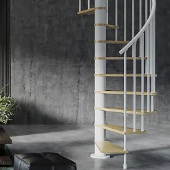Escalier colimaçon 11 marches - Hauteur à franchir 2.26 à 2.64m - Diamètre 138cm - Bois et blanc - Sens anti-horaire --Matisere New