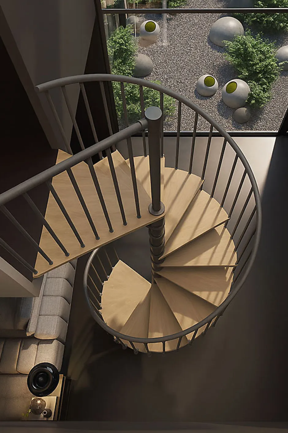 Matisere Escalier colimaçon 16 marches - Haut. à franchir 3.28 à 3.84m - Diam. 180cm - Trémie ronde - Struct. anthracite / marches Naturel