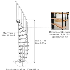 Escalier colimaçon 9 marches - Hauteur à franchir 1.90 à 2.35m - Structure blanche et marche hêtre - Diamètre 120cm - SUON120/BH-9-Matisere Clearance