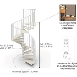 Matisere Escalier colimaçon 12 marches - Haut. à franchir 2.46 à 2.88m - Diam. 120cm - Trémie ronde - Struct. blanche / marches blanchi -