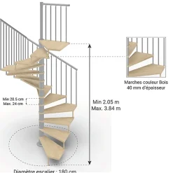 Escalier colimaçon 11 marches - Haut. à franchir 2.26m à 2.64m - Diam. 180cm - Trémie carrée - Struct. grise / marches Naturel --Matisere