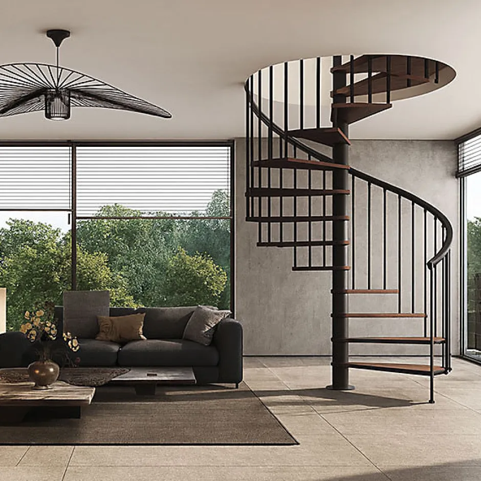 Matisere Escalier colimaçon 11 marches - Haut. à franchir 2.26 à 2.64m - Diam. 120cm - Trémie ronde - Struct. anthracite / marches noyer -