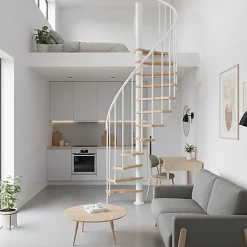 Escalier colimaçon 8 marches - Hauteur à franchir 1.71 à 2.12m - Structure blanche et marche hêtre - Diamètre 140cm - SUON140/BH-8-Matisere Discount