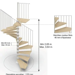 Matisere Escalier colimaçon 15 marches - Haut. à franchir 3.08 à 3.60m - Diam. 140cm - Trémie carrée - Struct. blanche / marches naturel -