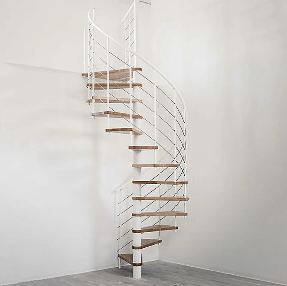 Escalier colimaçon 14 marches - Hauteur à franchir 2.75 à 3.29m - Structure blanche et marche hêtre - Diamètre 100cm --Matisere Outlet