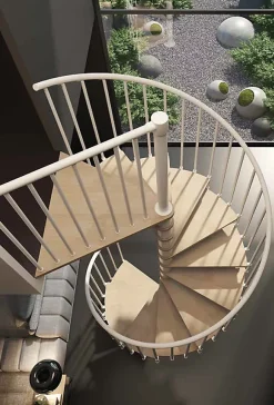 Escalier colimaçon 10 marches - Haut. à franchir 2.05 à 2.40m - Diam. 160cm - Trémie ronde - Struct. blanche / marches Naturel --Matisere Online