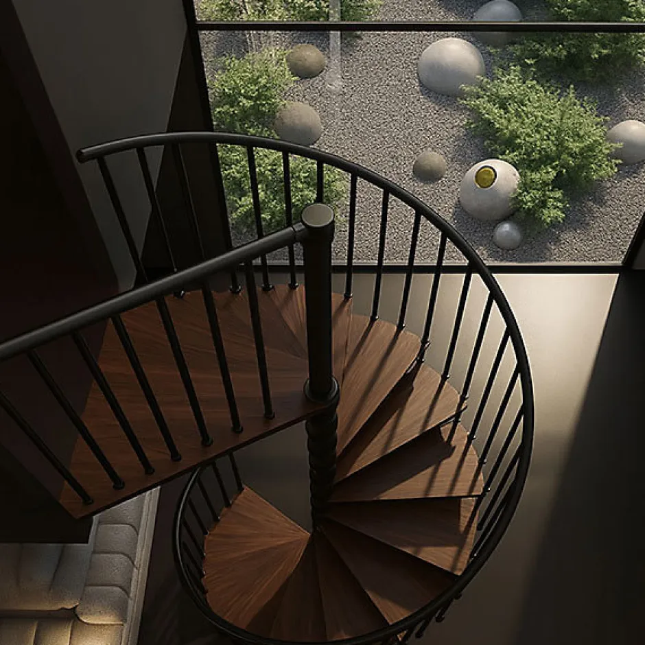 Escalier colimaçon 15 marches - Haut. à franchir 3.08 à 3.60m - Diam. 120cm - Trémie ronde - Struct. anthracite / marches noyer --Matisere Discount