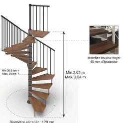 Matisere Escalier colimaçon 11 marches - Haut. à franchir 2.26 à 2.64m - Diam. 120cm - Trémie carrée - Struct. anthracite / marches Noyer -
