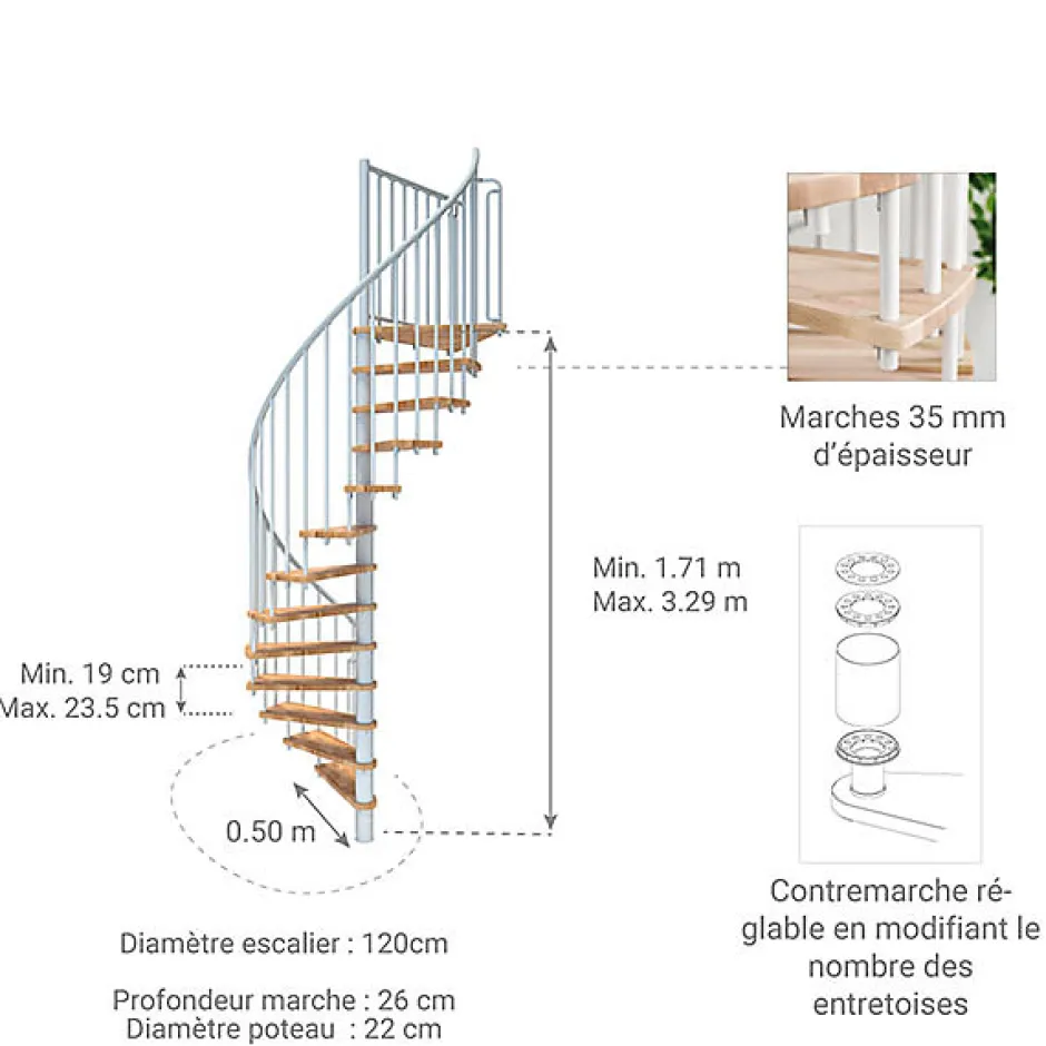 Matisere Escalier colimaçon 9 marches - Hauteur à franchir 1.71 à 2.12m - Diamètre 120cm - Structure blanche et marche hêtre - BERL120-BH-9