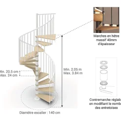 Escalier colimaçon 11 marches - Haut. à franchir 2.26 à 2.64m - Diam. 140cm - Struct. blanche et marche naturel - Trémie ronde --Matisere Discount