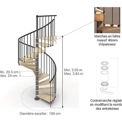 Escalier colimaçon 10 marches - Haut. à franchir 2.05 à 2.40m - Diam. 180cm - Trémie ronde - Struct. anthracite / marches Naturel-Matisere Online