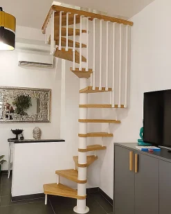 Matisere Escalier colimaçon 14 marches - Haut. à franchir 2.84 à 3.36m - Diam. 120cm - Trémie carrée - Struct. blanche / marches naturel -