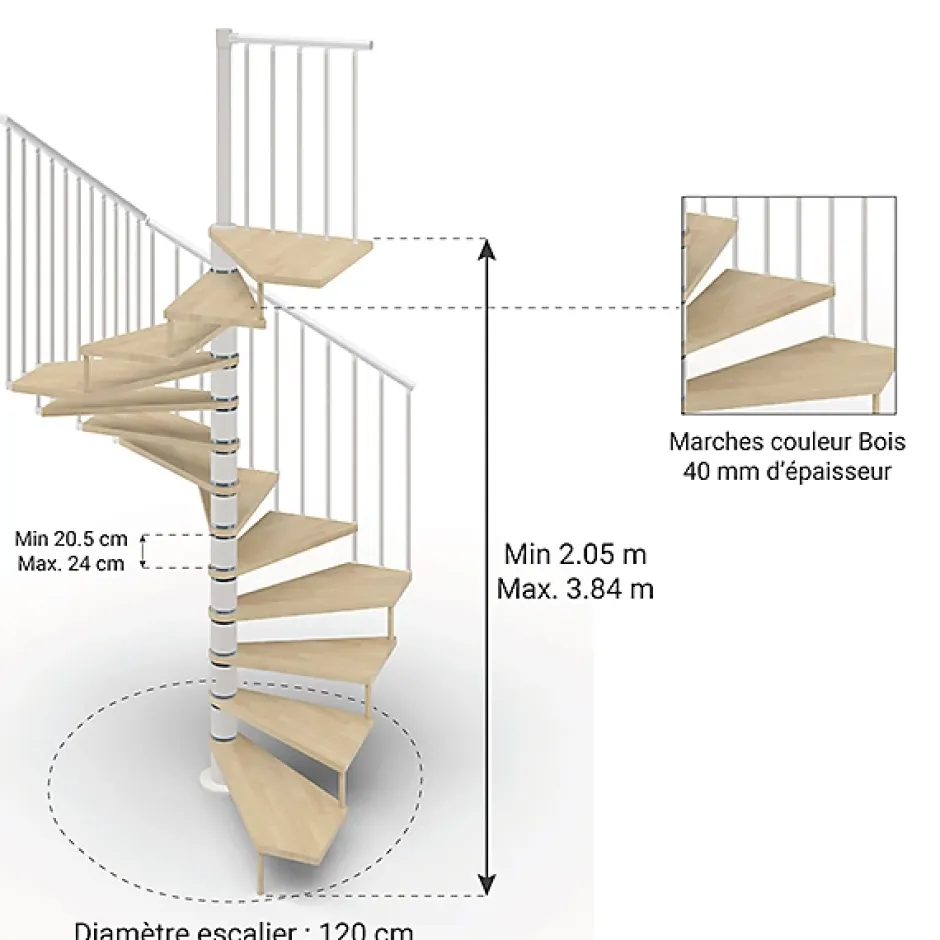 Escalier colimaçon 12 marches - Haut. à franchir 2.46 à 2.88m - Diam. 120cm - Trémie carrée - Struct. blanche / marches naturel --Matisere Discount