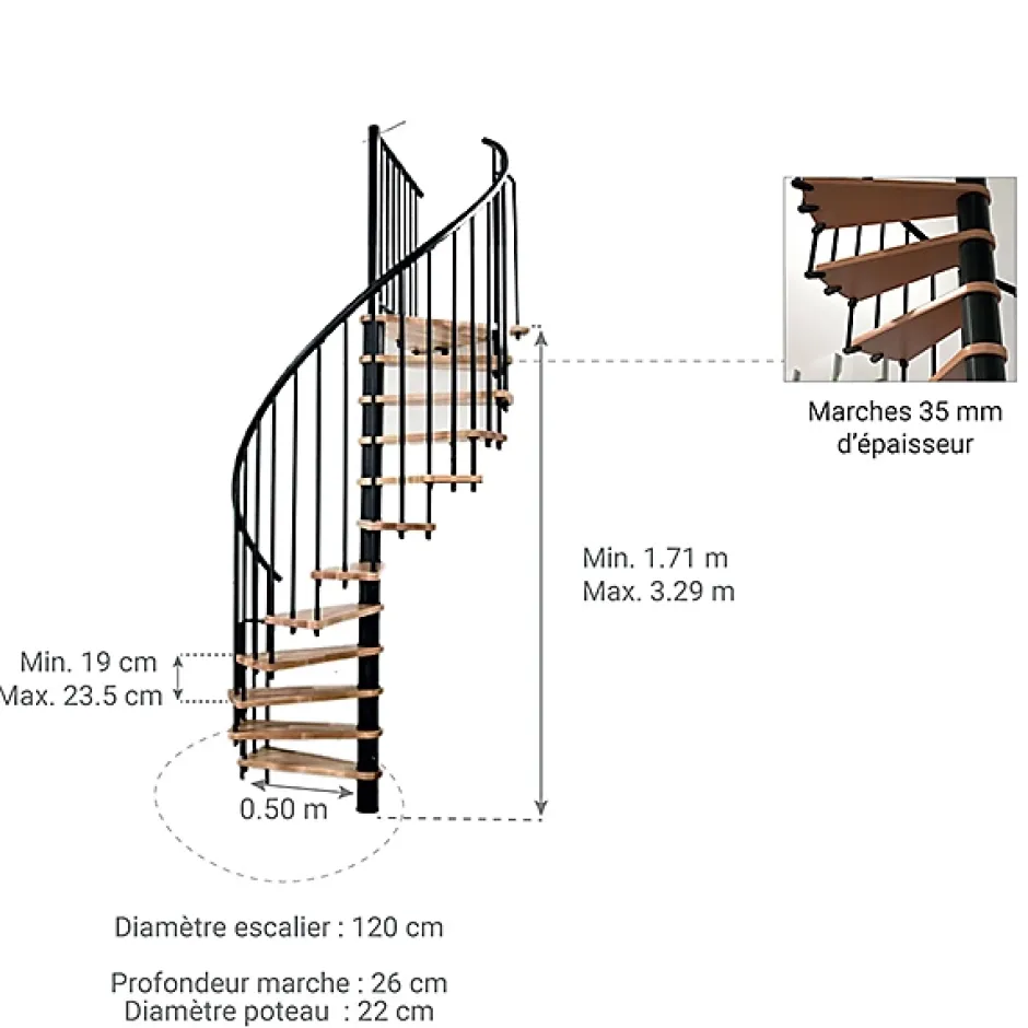 Escalier colimaçon 13 marches - Hauteur à franchir 2.52 à 3.05m - Diamètre 120cm - Structure noire et marche hêtre - BERL120-NH-13-Matisere Discount