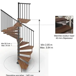 Matisere Escalier colimaçon 15 marches - Haut. à franchir 3.08 à 3.60m - Diam. 140cm - Trémie carrée - Struct. anthracite / marches noyer -