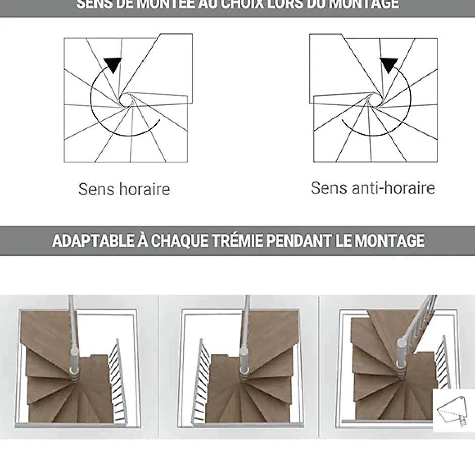 Matisere Escalier colimaçon 15 marches - Haut. à franchir 3.08 à 3.60m - Diam. 140cm - Trémie carrée - Struct. anthracite / marches noyer -