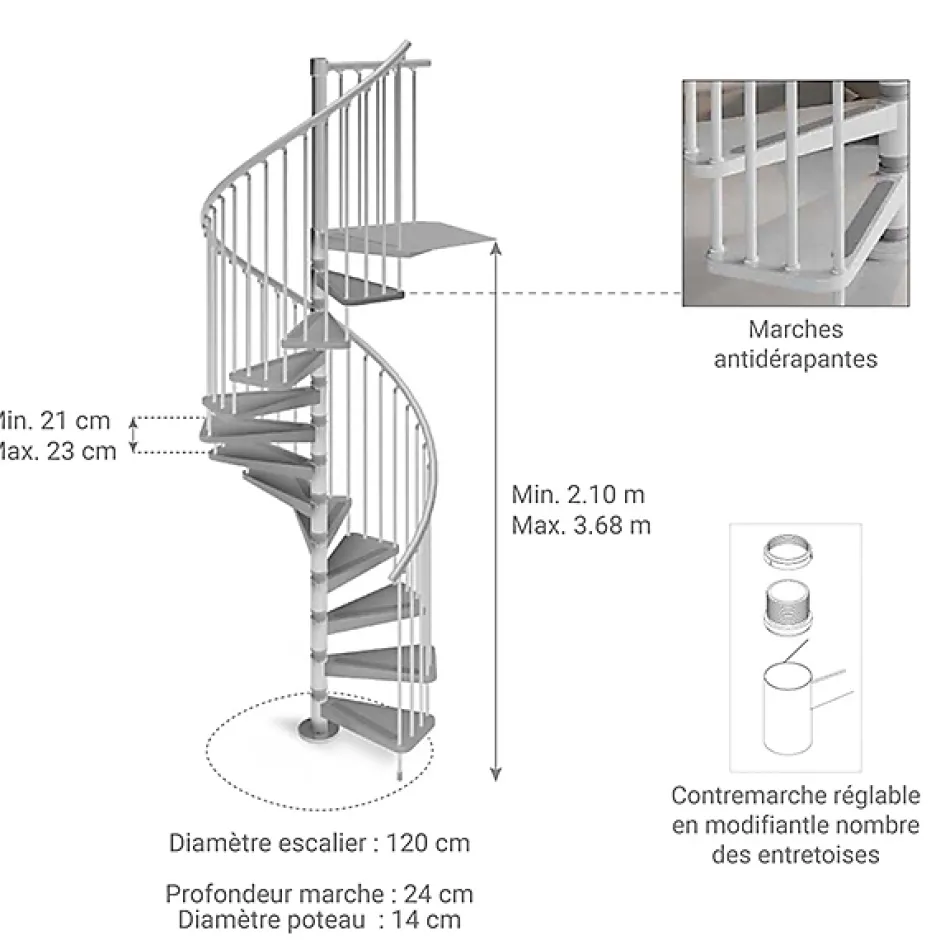 Matisere Escalier colimaçon métal 11 marches - Hauteur à franchir 2.31 à 2.53m - Diamètre 120cm - Blanc - GAMIA120/BB-11