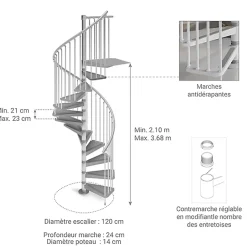 Matisere Escalier colimaçon métal 16 marches - Hauteur à franchir 3.36 à 3.68m - Diamètre 120cm - Gris - GAMIA120/GG-16