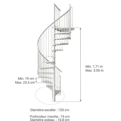 Escalier colimaçon métal 10 marches - Hauteur à franchir 1.90 à 2.35m - Diamètre 120cm - Structure blanche et marche blanche --Matisere Outlet