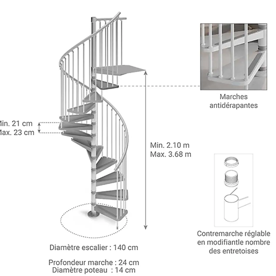 Matisere Escalier colimaçon métal 16 marches - Hauteur à franchir 3.36 à 3.68m - Diamètre 140cm - Blanc - GAMIA140/BB-16