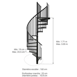 Matisere Escalier colimaçon métal 11 marches - Hauteur à franchir 2.09 à 2.59m - Diamètre 160cm - Noir - RONDO160-NN-11