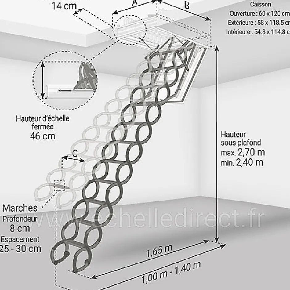 Escalier coupe feu 60min - Hauteur sous plafond 2.70m - Trémie 60x120cm - LSF60120/270-Matisere Hot