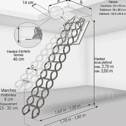 Matisere Escalier coupe feu 60min - Hauteur sous plafond 3.00m - Trémie 60x90cm - LSF6090-300