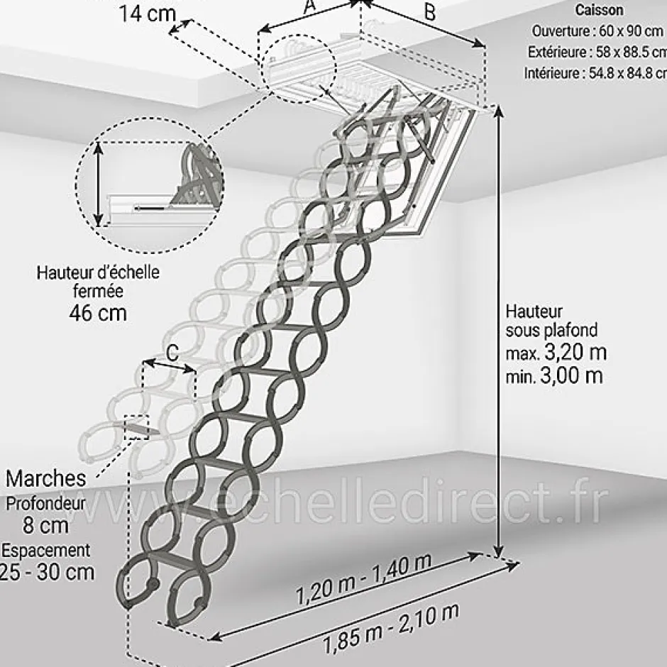 Escalier coupe feu 60min - Hauteur sous plafond 3.20m - Trémie 60x90cm - LSF6090-320-Matisere Discount