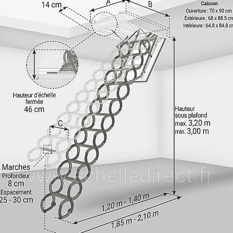 Escalier coupe feu 60min - Hauteur sous plafond 3.20m - Trémie 70x90cm - LSF7090-320-Matisere Clearance