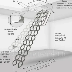 Escalier coupe feu 60min - Hauteur sous plafond 2.70m - Trémie 70x90cm - LSF7090/270-Matisere Outlet