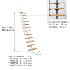 Matisere Escalier droit 10 marches - Hauteur à franchir 1.89 à 2.49m - Blanc et hêtre - TWISTER60-I-BH-10