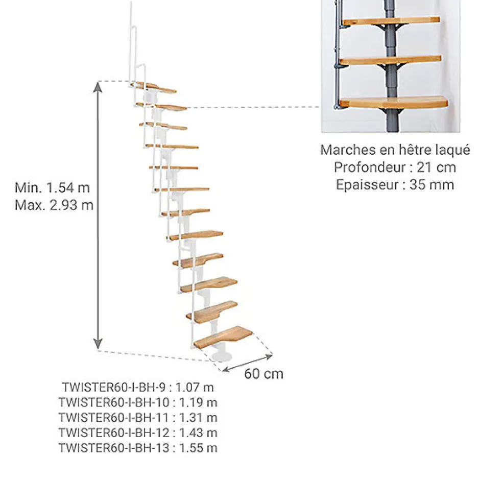 Escalier droit 9 marches - Hauteur à franchir 1.72 à 2,26m - Blanc et hêtre - TWISTER60-I-BH-9-Matisere Clearance