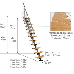 Matisere Escalier droit 12 marches - Hauteur à franchir 2.23 à 2.94m - Largeur 65cm - Structure grise et marche hêtre - NIZZA60/I/GH-12