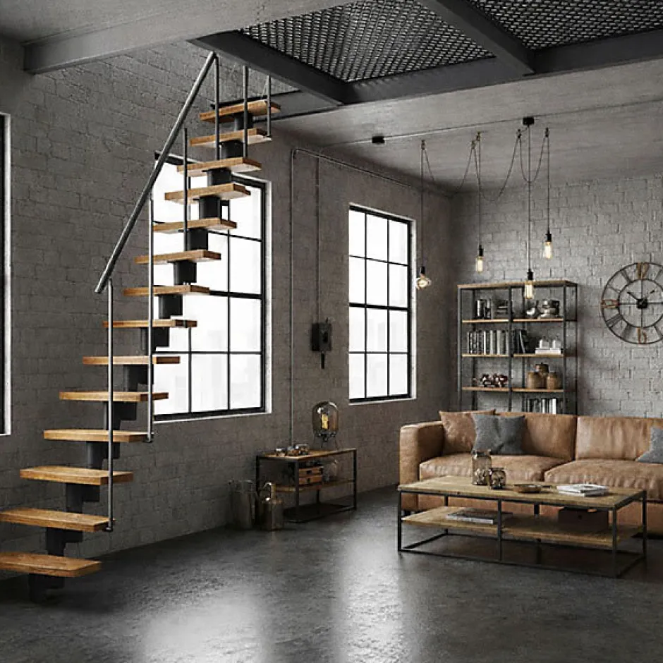 Matisere Escalier droit 12 marches - Hauteur à franchir 2.23 à 2.94m - Largeur 65cm - Structure grise et marche hêtre - NIZZA60/I/GH-12